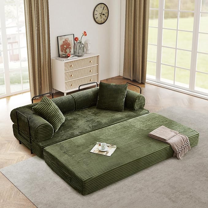 Modular Couch Bed, Convertible Folding Plush Corduroy Comfy Floor Memory Foam Compression Loveseat Sleeper Sofa Couch, King Size Bed for Guest Room Living Room Bedroom, No Assembly Required, Green