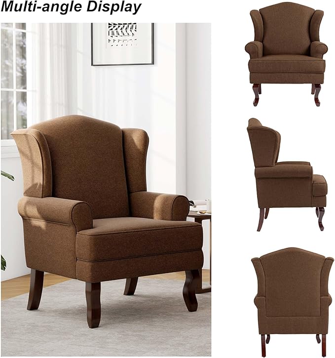 DREAMSIDEA Accent Chair, High Back Upholstered Armchair with High Resilience Sponge & Wood Legs, Mid-Century Modern Comfy Single Sofa Reading Chairs for Living Room, Bedroom - Brown, Set of 1