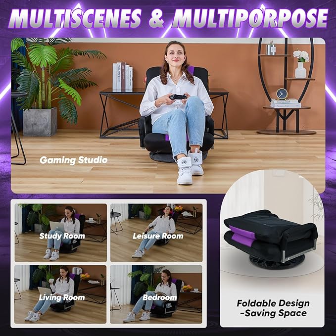 Swivel Gaming Chair 360 Degree Multipurpose Floor Chair w/Armrest & 6 Adjustable Postions Backrest for Adults & Kids, for Reading, Gaming, Watching, Relaxing, Purple