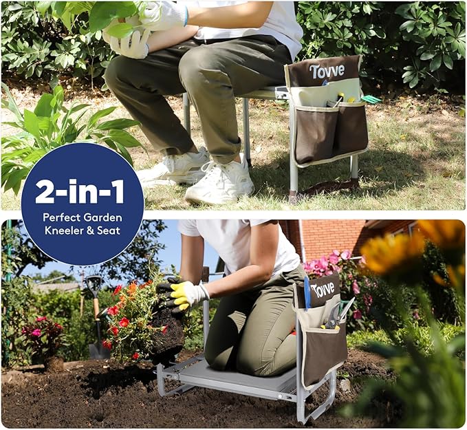 Tovve Upgraded Garden Kneeler and Seat with Thicken & Widen Soft Kneeling Pad, Heavy-Duty Foldable Garden Stool with Large Garden Tool Bag, Portable Garden Bench Gardening Gifts for Women, Seniors