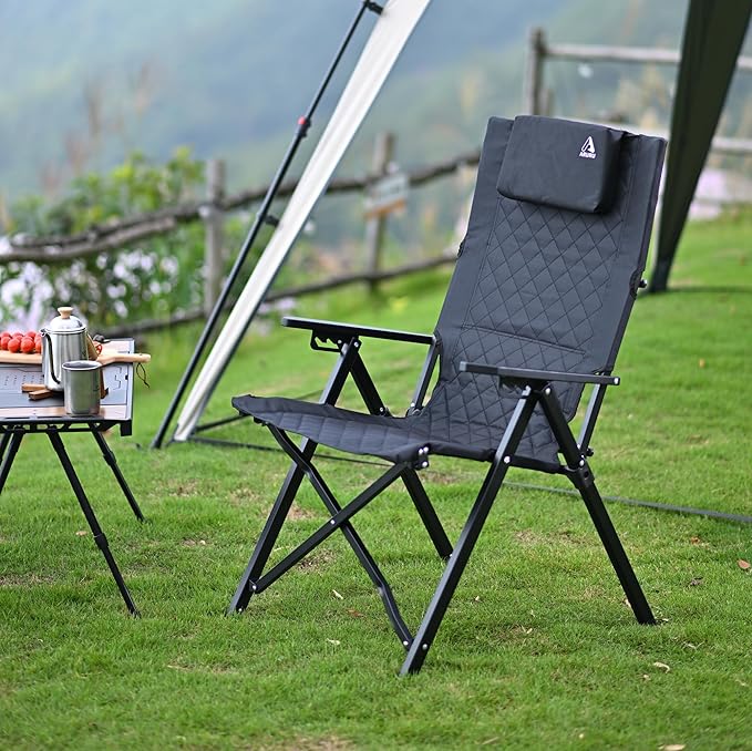 Aluminum Reclining Camping Chair, Heavy Duty Folding Lawn Chairs with 4-Stage Adjustable High Back for Adults, Compact Foldable Outdoor Patio Reclining Chair (Black, 1 Pack)