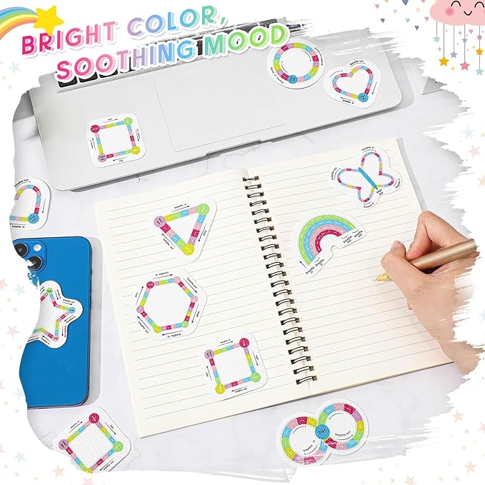 Gersoniel 72 Pcs Anxiety Sensory Stickers Strips Adhesive Textured Mental Health Calm Stickers Mindfulness Fidget Decals Stress Anxiety Relief Items for Therapy Office Desk Counselor(Cute Breathe)