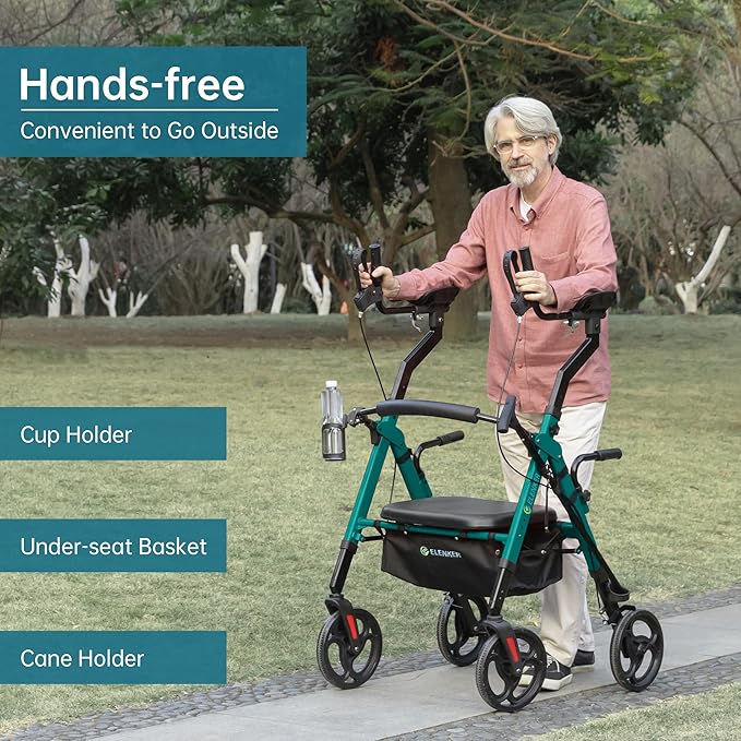 ELENKER Heavy Duty Upright Walker with Extra Wide Padded Seat and Backrest, Aluminum Bariatric Stand Up Rolling Walker, 10” Wheels, Fully Adjustment Frame, Support up to 500 lbs for Seniors, Green