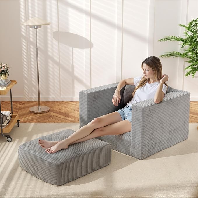 Bean Bag Chair, Large Beanbag Chair for Adults, Comfy Foam Floor Sofa with Pillows and Armrests, Plush Chair Bean Bag Couch for Bedroom Living Room (Plush Corduroy Fabric, Grey)