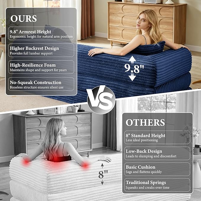 Chorlenimi Boneless Couch Futon Sofa Bed Sectional Couches for Living Room,Cloud Couch with Sleeper Sofa,Sofas for Living Room Oversized Corduroy Upholstered (Blue, 76 Inches (No Iron Frame))