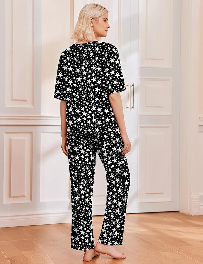 Ekouaer 2 Pack Womens Pajama Sets Short Sleeve Tops and Long Pants Casual Comfy Pjs Lounge Set with Pockets,S-XXL