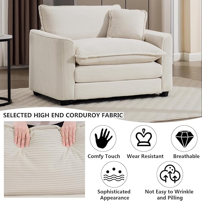 Aoowow Corduroy Large Armchair,Modern Oversized Single Sofa Chair with Throw Pillow,Deep Single Seat Cloud Sofas Couches for Living Room,Tufted Oversized Accent Arm Chair (Beige, Sofa Chair)