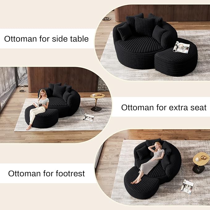 Oversized Chaise Lounge Chair Indoor with Ottoman 50.5" W x 67.0" D Round Soft Corduroy Comfy Oversized Reading Chair with 5 Pillows for Living, Reading Room - Black