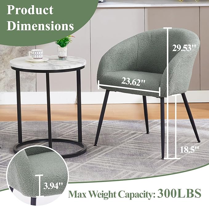 Modern Small Accent Chair Set of 2, Comfy Sherpa Makeup Vanity Chair with Metal Legs, Decorative Chair no Wheels for Living Room, Dressing Room, Bedroom, Green