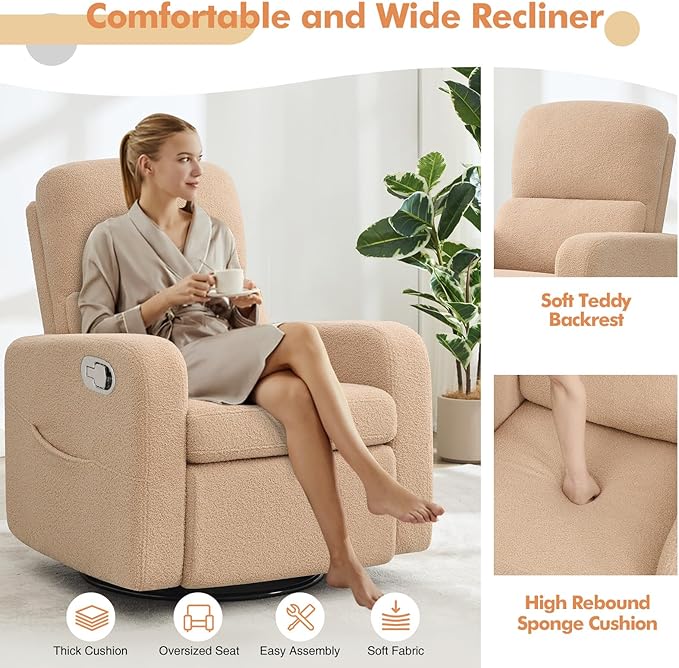 AEMEIOS Swivel Rocker Recliner, Oversized Manual Boucle Nursery Glider Rocking Recliner Chair with Removable Cushion, Upholstered Swivel Reclining Chair for Nursery Living Room Bedroom,Teddy Camel