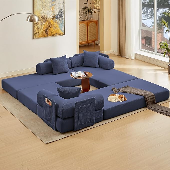 L Shaped Convertible Modular Boneless Sofa Bed with Cylindrical Pillow, Corduroy Folding Floor Sofa Couch Bed with Fixed-Shape Frame & Storage Pocket for Living Room, Blue