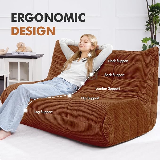 Bean Bag Chair,Giant Beanbag Chairs for Adults,Comfy Large Fireside Chair Lazy Sofa,Corduroy Bean Bag Lounger with Memory Foam Filled,Floor Sofa Couch for Home,Living Room (Brown, Loveseat)