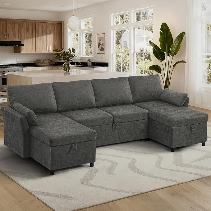ACMEASE 107 Inches Fabric Sectional Sofa with Pull Out Sofa Bed, Modern U Shaped Sofa with Throw Pillows, Comfortable Sleeper Couch with Storage Chaise for Living Room, Grey