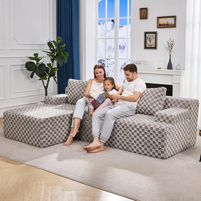 Modular Sectional Sofa Couches L-Shape Couch 3 Seat Modular Sofa Memory Foam Sectional Couches for Living Room, Cloud Couch with Oversized Chaise (Grey Check, 96" Left Facing Chaise)