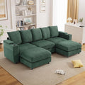 110" W x 60" D U Shape Sectional Sofa with USB Charging & Cup Holder & Storage, 5 Seater Plush Corduroy Couches with Movable Ottoman, Cloud Couch Sofas for Living Room, DIY Combination - Green