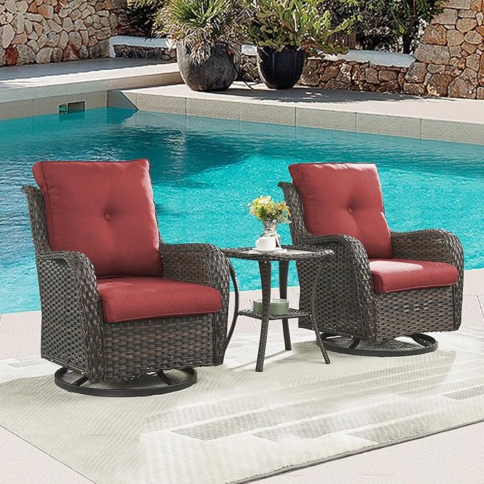 Rilyson Wicker Rocking Chair Swivel Chairs – 6 Piece Rocker Patio Furniture Set Rattan Rocking Bistro Sets with Glass Top Side Table for Outdoor Porch Deck Garden Backyard(Brown/Red)