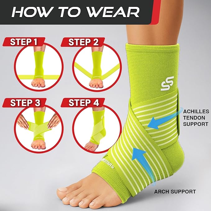 Sleeve Stars Ankle Support for Ligament Damage & Sprained Ankle, Plantar Fasciitis Support & Achilles Tendonitis Pain Relief, Ankle Brace for Women & Men w/Compression Ankle Strap (Single/Neon Green)