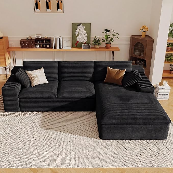 107" Cloud Sectional Couch with L-Shape Chaise, Modern Corduroy Viral Boneless Sofa for Living Room,Memory Foam Couches in a Box with Deep Seat,No Assembly Required (Black,Right-Facing Chaise)