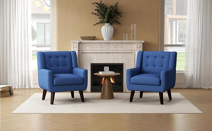 Accent Chairs Set of 2, Mid-Century Modern Upholstered Living Room Armchair, Comfy Linen Fabric Single Reading Arm Chair with Tufted Back and Wood Legs for Bedroom, Club (2, Navy)