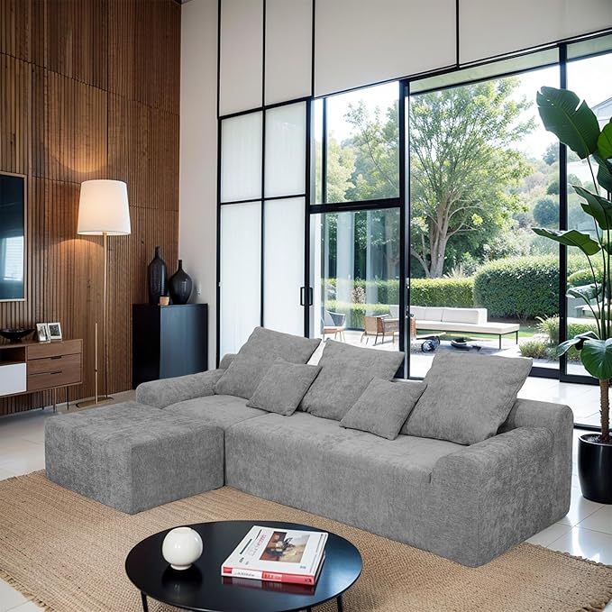 111.2" Boneless Couch,Cloud Sectional Sofa with L-Shape Chaise,No Assembly,High-Density Memory Foam,Chenille Comfy Sofa for Living Room, Bedroon and Apartment (Grey)
