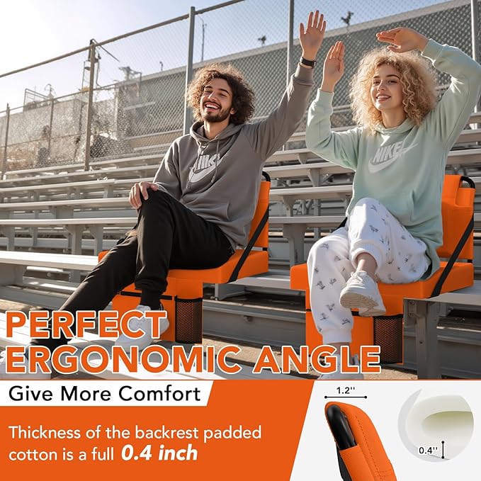 Stadium Seat 2 Pack for Bleachers with Back Support,Portable Bleacher Chairs with Back and Cushion，Orange