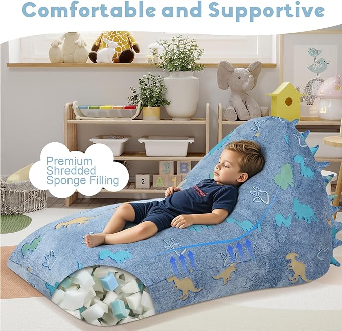 COMAX Dinosaur Bean Bag Chairs for Kids 8-12, Kid Beanbag Chair with Filler, Toddler Lounge Bean Chair, Children Lazy Floor Lounger for Girls Boys, Blue Dino