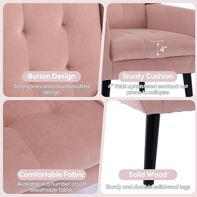 OO BY ORANGE ONLINE Velvet Accent Chair, Mid-Century Modern Tufted Armchair for Living Room, Bedroom & Office (Pink)