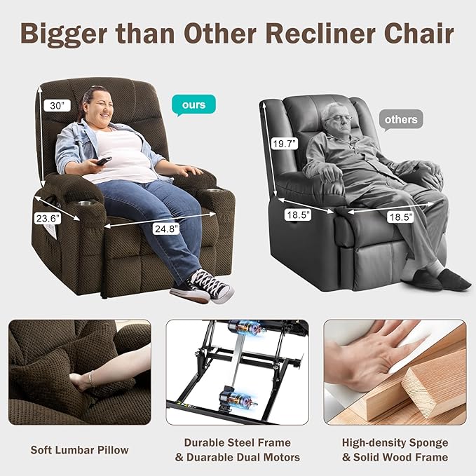 CDCASA Oversized Dual Motor Lay Flat Power Lift Recliner Chair with Massage, Heating, Textile Infinite Position Large Recliner Chairs for Big & Elderly People, USB & Type-C Ports,2 PCS, Brown