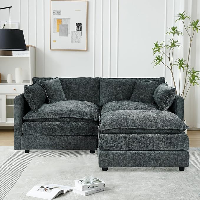 Aoowow Modular Sectional Sofa Modern Convertible Loveseat Couch,77.16 Inch Deep 2-Seater Sofas Comfy Chenille Cloud Sofas and Couches Set with Movable Ottoman for Living Room Apartment（Grey）