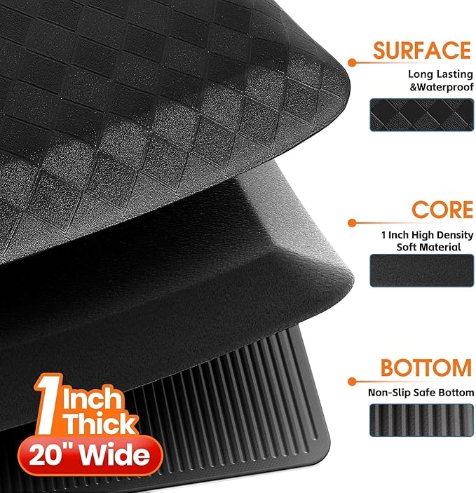 StepRite 1” Thick Kitchen Mats for Floor, Anti Fatigue Kitchen Rugs, Non-Slip,Heavy Duty Waterproof Kitchen Rug, Standing Desk Mat, Gifts for Friends, Family, Home, Kitchen, Office (32" x 20", Black)