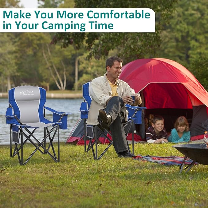 SAILARY Camping Chair Heavy Duty High Back Folding Chair with Cup Holder, 450lbs Capacity, Padded Seat, Cooler Bag & Storage Pocket, Portable for Outdoor, Beach, Fishing, Sports, 2 Pack Blue