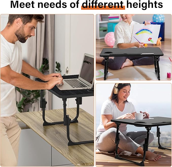 DECOSIS Laptop Desk for Bed Height Adjustable, Lap Bed Table with USB/Storage Drawer/Cup Holder/Tablet Stand/Book Shelf, Foldable Breakfast Tray Portable for Reading Writing, Sofa & Floor, Black