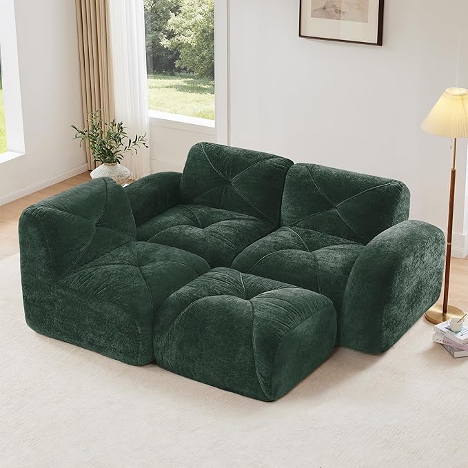 Modular Sectional Sofa with Free Combination,Boneless Floor Couch for Living Room & Lounge,Velvet 3-Seater Sectional Couch with Ottoman,No Assembly Needed