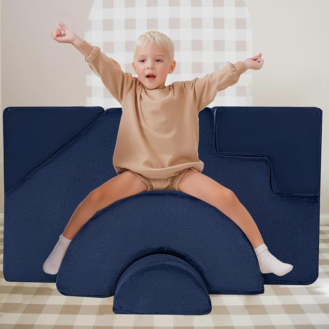 MeMoreCool Modular Kids Sofa, Foam Couch Sofa with Slide & Stair Design, Convertible Kids Couch for Playroom, Sectional Child Furniture for Bedroom Living Room, Navy