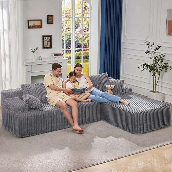Modular Sectional Sofa Couches L-Shape Couch 3 Seat Modular Sofa Memory Foam Sectional Couches for Living Room, Cloud Couch with Oversized Chaise (Light Grey Stripe, 108" Right Facing Chaise)
