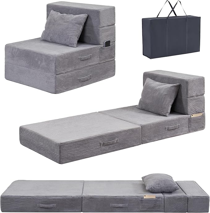 HILERO Folding Sofa Bed, 4 in 1 Convertible Sleeper Chair with Pillow, Single Memory Foam Fold Out Chair Bed, Modern Floor Futon Sofa Couch Mattress for Living Room/Guest/Apartment, Light Gray