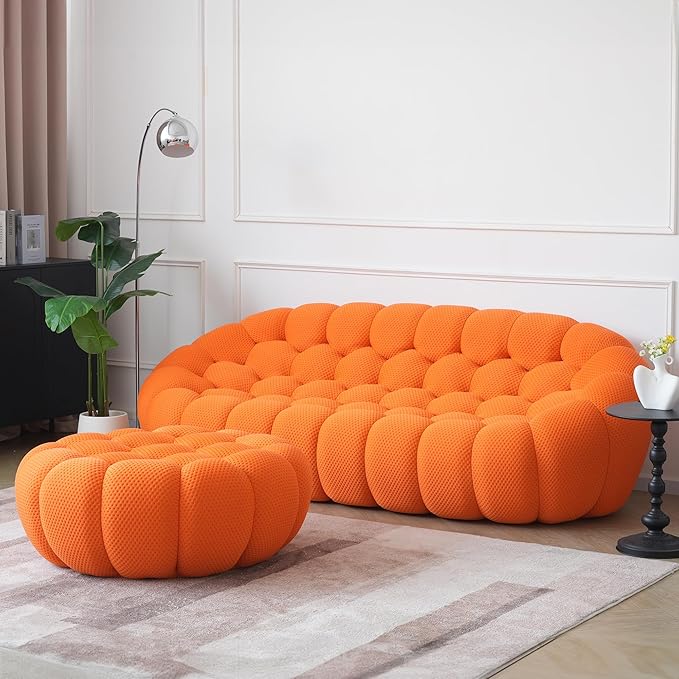 JACH Bubble Sofa with Ottoman, Curved Couch, Comfy Upholstered Sofa, Mesh Fabric 3D Honeycomb Shape Modern Couch for Living Room, Office, Apartment, Small Space (Orange)