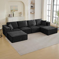 146'' Oversized Boneless Sofa, 4 Seater Modular Sectional Couch with 2 Moveable Ottoman, U Shaped Chenille Convertible Sleeper Sofa with Chaise for Living Room, Black