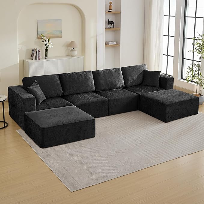 146'' Oversized Boneless Sofa, 4 Seater Modular Sectional Couch with 2 Moveable Ottoman, U Shaped Chenille Convertible Sleeper Sofa with Chaise for Living Room, Black