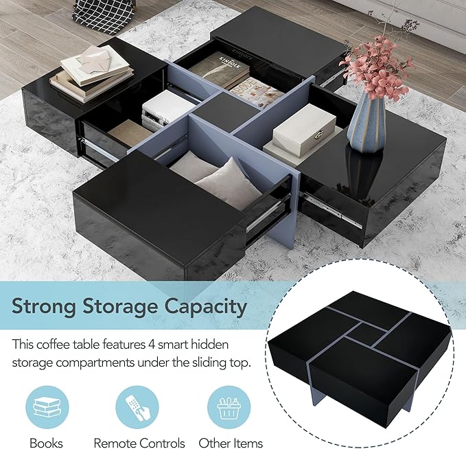 HanStrong 31.5" Square Coffee Table with 4 Hidden Storage Compartments,Cocktail Table with Extendable Sliding Tabletop,UV High-Gloss Design Center Table for Living Room,Black