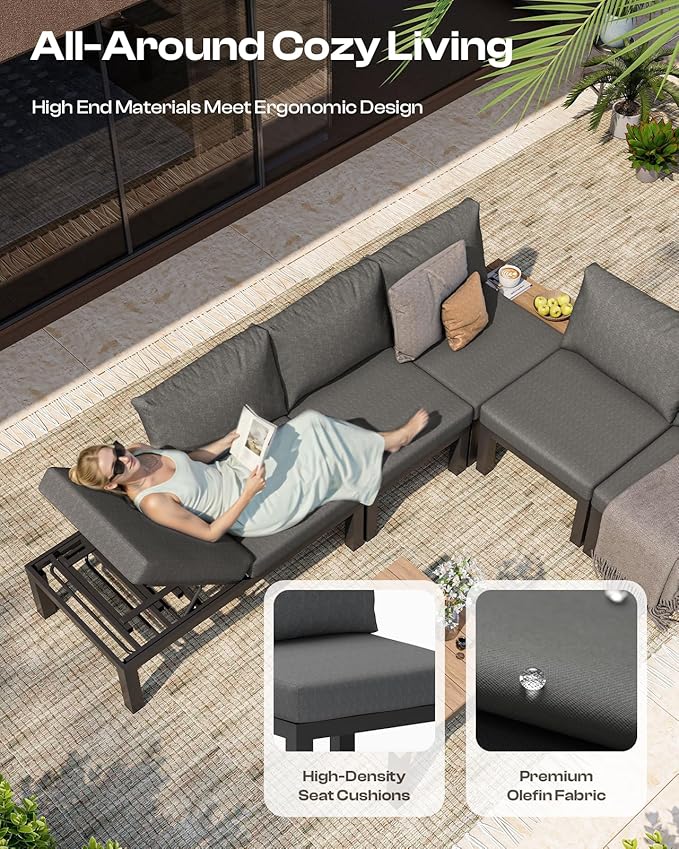 Oasbira Aluminum Modular Outdoor Patio Furniture Set, 6 Seats Patio Sectional Sofa Set with Adjustable Backrest & Thick Cushions, All-Weather Conversation Sets with Table for Garden & Yard, Graphite