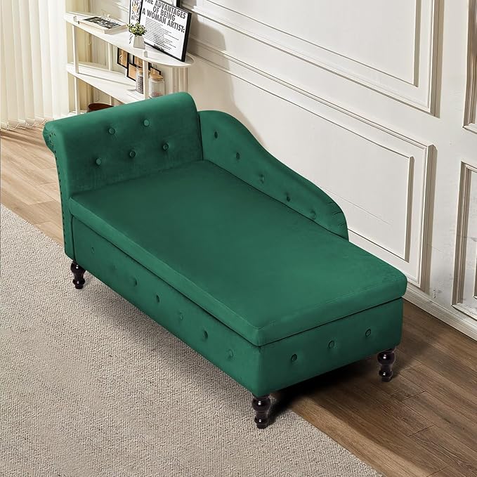 ACMEASE Upholstered Chaise Lounge with Left Armrest & Lumbar Pillow,Button Tufted Lounge Sofa with Storage,Lounge Chair Indoor,Modern Velvet Lounge Chair for Bedroom, Living Room and Office,Green