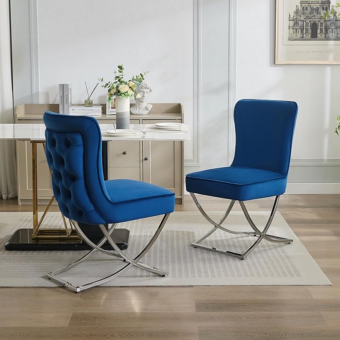 WUTUTUEE Luxury Velvet Dining Chairs, Tufted Upholstered Armless Accent Chairs with Silver Metal X-Legs, Modern Glam Dining Room Chair Set of 2, Navy