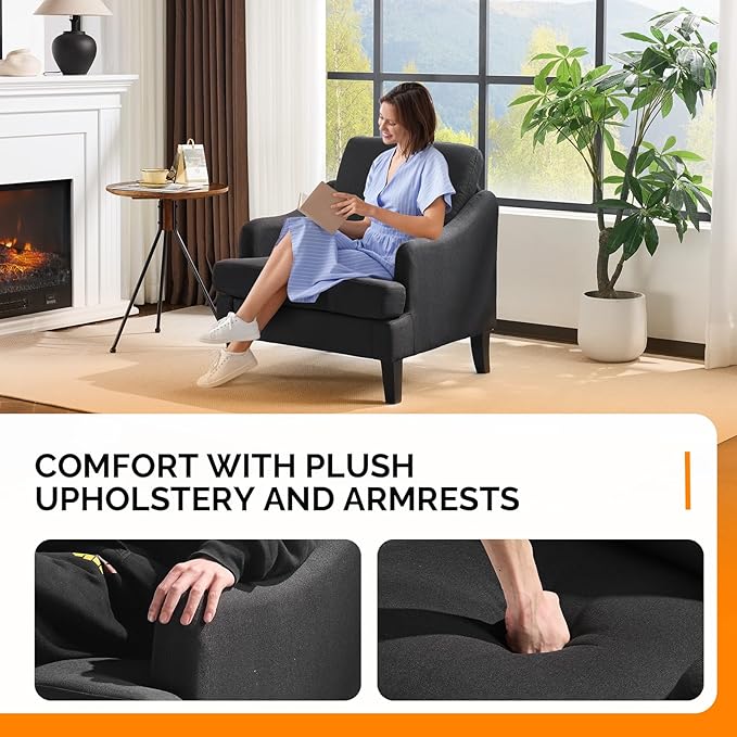 VINGLI Linen Fabric Accent Chair Black, Modern Upholstered Armchair, Comfy Sofa Chair Living Room Bedroom Furniture for Apartment