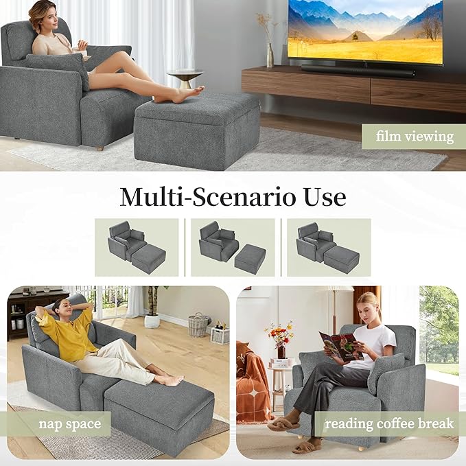 QKFF Modern Oversized Accent Chair with Storage Ottoman & 2 Side Pillows, Snowflake Fleece Upholstered Chaise Lounge Chair, Deep Seat Reading Chair for Living Room, 350lbs Capacity