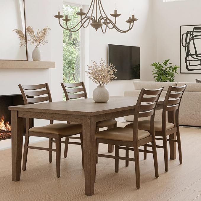 HNY Modern Farmhouse Dining Chairs Set of 2, Brown Leather Upholstered Seat Kitchen Chairs, Rustic Industrial Armless Side Chairs with Walnut Wooden Frame for Dining Living Room Restaurant