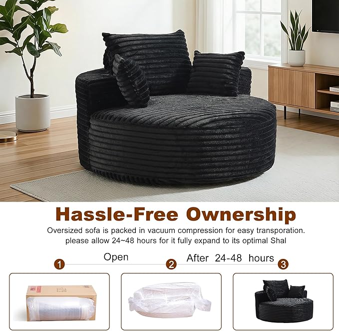 55'' Oversized Round Boneless Chaise Lounge Chair Indoor, Upholstered Corduroy Deep Seat Cloud Large Circle Sofa Couches Bed Corduroy Modern Floor No Assembly Sleeper Bed for Living Room, Bedroom