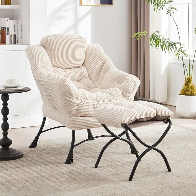 KEIKI Accent Chair with Storage & Ottoman, Flannelette Reading Corner Lazy Chairs w/Steel Frame, Comfy Lounge Arm Chair W/Footrest, Leisure Sofa Armchair for Living Room, Bedroom, Easy Assembly, White