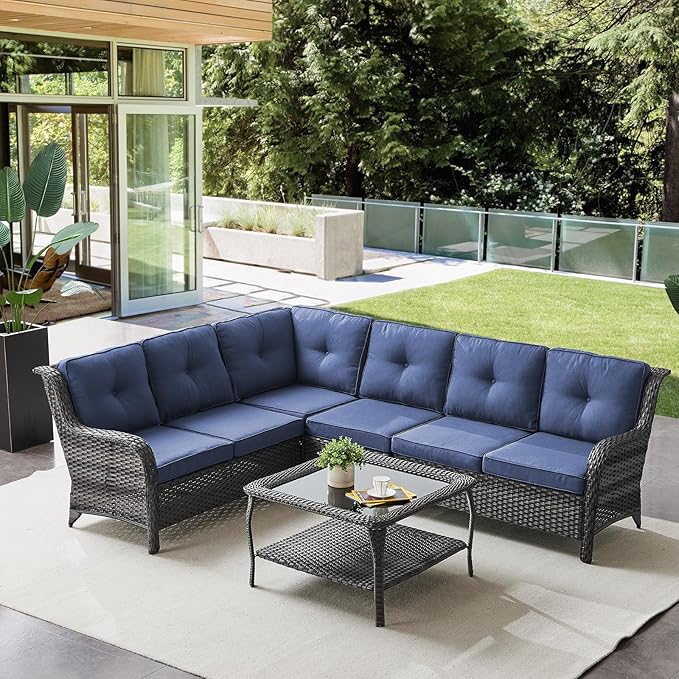 Belord Outdoor Furniture Sectional Sofa L Shaped Couch - Patio Wicker Furniture Set with Coffee Table, 3 Piece Rattan Patio Conversation Sets with Blue Cushion for Deck Backyard Sunroom