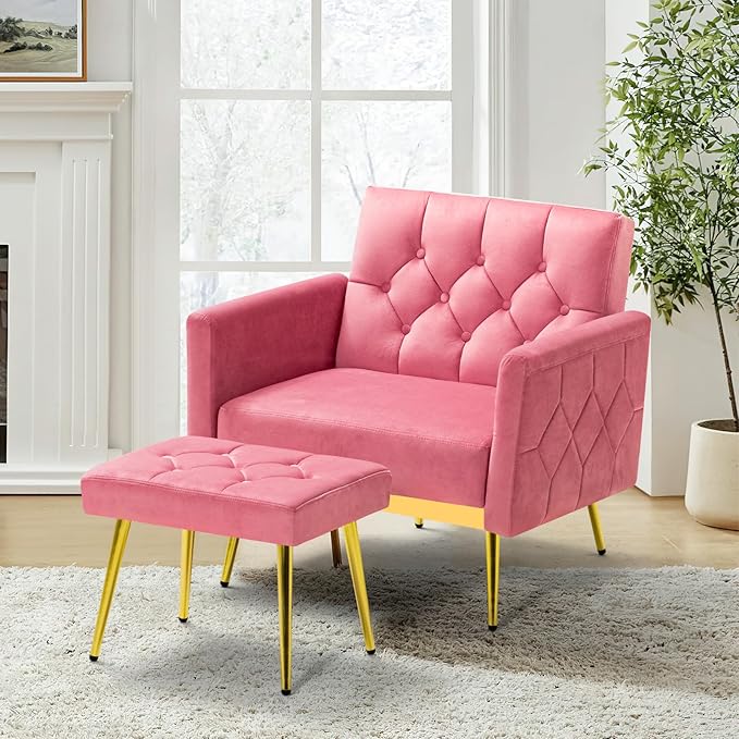 ACMEASE Velvet Accent Chair w/Adjustable Armrests and Backrests, Tufted Single Sofa with Ottoman, Upholstered Reading Chiar for Living Room, Apartment, Bedroom, Pink